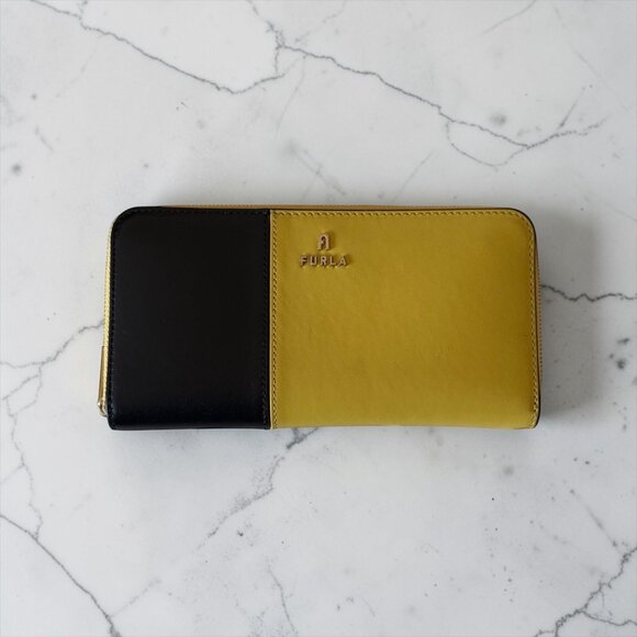 Furla Handbags - Furla Camelia Leather Zip Around Wallet | Black & Yellow Colorblock